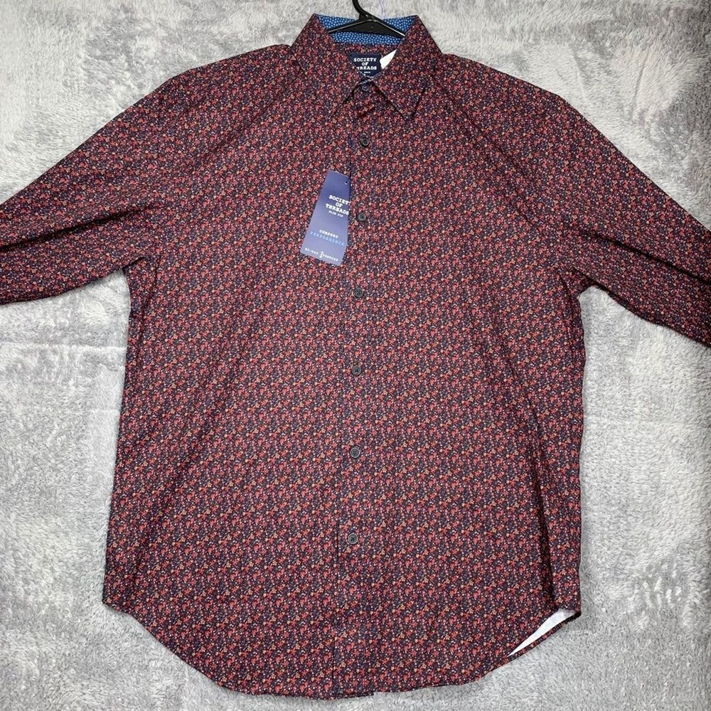 Society of Threads Floral Shirt Mens Medium Red Slim Fit 4-Way Stretch SOV9FSW10